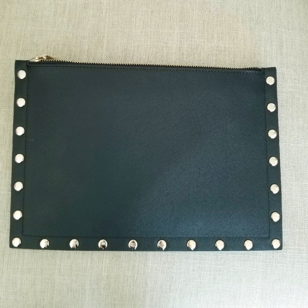 White House Black Market Black  Leather Silver Studded Pink Floral Clutch NWT - Picture 5 of 9